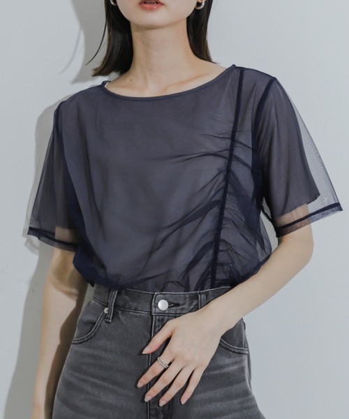 SENSE OF PLACE by URBAN RESEARCH(センスオブプレイスバイアーバンリサーチ)の「チュールレイヤードカットソー(5分袖)(Tシャツ/カットソー・レディース・ネイビー/ピンク/アイボリー/グレー・ONE)」の3枚目の写真