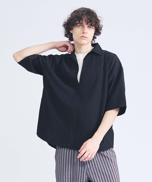 ABAHOUSE（アバハウス）の「サッカーストライプ スキッパーシャツ / オーバーサイズ / 半袖シャツ（シャツ/ブラウス・メンズ・マスタード/ブラック/ネイビー/ホワイト/ブラック系その他/インディゴブルー・44/46/48）」の3枚目の写真