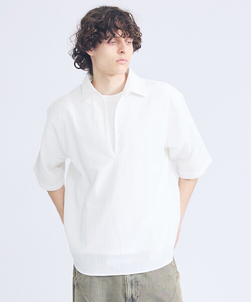 ABAHOUSE（アバハウス）の「サッカーストライプ スキッパーシャツ / オーバーサイズ / 半袖シャツ（シャツ/ブラウス・メンズ・マスタード/ブラック/ネイビー/ホワイト/ブラック系その他/インディゴブルー・44/46/48）」の2枚目の写真