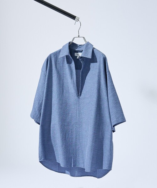 ABAHOUSE（アバハウス）の「サッカーストライプ スキッパーシャツ / オーバーサイズ / 半袖シャツ（シャツ/ブラウス・メンズ・マスタード/ブラック/ネイビー/ホワイト/ブラック系その他/インディゴブルー・44/46/48）」の5枚目の写真