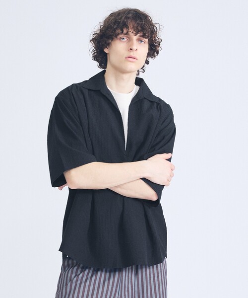 ABAHOUSE（アバハウス）の「サッカーストライプ スキッパーシャツ / オーバーサイズ / 半袖シャツ（シャツ/ブラウス・メンズ・マスタード/ブラック/ネイビー/ホワイト/ブラック系その他/インディゴブルー・44/46/48）」の10枚目の写真