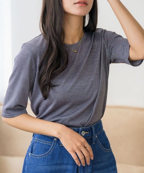 RETRO GIRL(レトロガール)の「ラメシアーTEE(Tシャツ/カットソー・レディース・ライトグレー/ブラック/ナチュラル・FREE)」の1枚目の写真