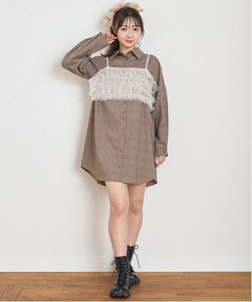 新品⭐︎BEARDSLEY シャツ ワンピースコート　グレンチェック ビスチェ付グレンチェックシャツワンピース(S(140cm) 茶): ジュニア