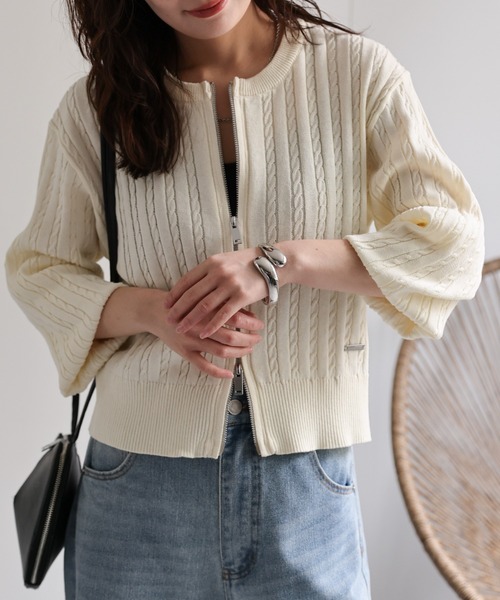 ap retro（アプレトロ）の「プレート付ベビーケーブルZIPカーデ《動画あり》（カーディガン/ボレロ・レディース・ライトグレー/ブラック/オフホワイト/ピンク・FREE）」の20枚目の写真