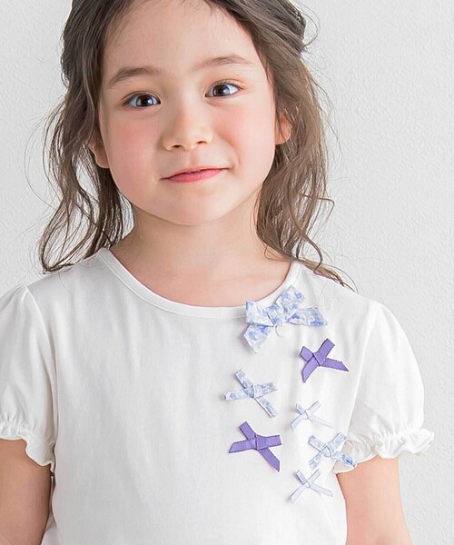 セール】ベア天竺リバティ(Aralia Pansy)リボン半袖Tシャツ(90
