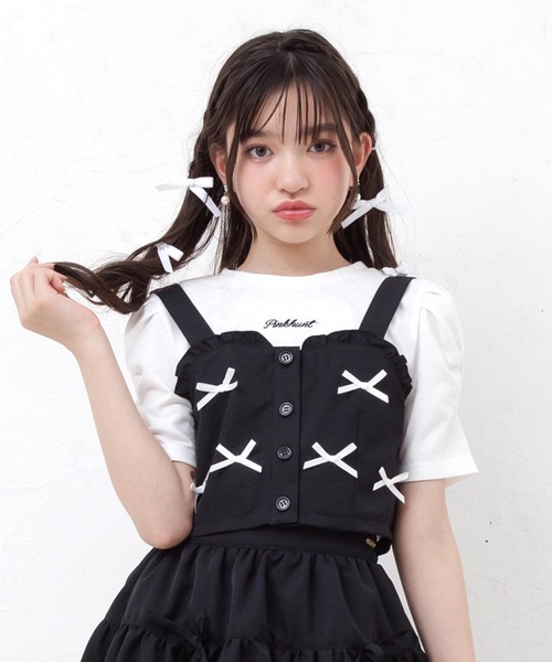 PINKHUNT（ピンクハント）の「PINKHUNT ピンクハント ミニリボンビスチェ付き Tシャツ 0522K （ボトムス別売り）（Tシャツ/カットソー・キッズ・ベージュ/ブラック・120cm/130cm/140cm/150cm/160cm）」の2枚目の写真