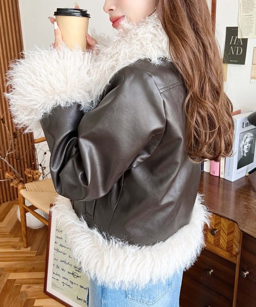 moment+（モーメントプラス）の「フェイクレザー×シープファームートン風裏地キルトライダースジャケットブルゾン（ライダースジャケット・レディース・ブラウン/ブラック・L/M）」の15枚目の写真