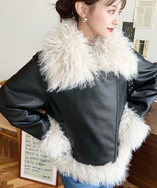 moment+（モーメントプラス）の「フェイクレザー×シープファームートン風裏地キルトライダースジャケットブルゾン（ライダースジャケット・レディース・ブラウン/ブラック・L/M）」の11枚目の写真