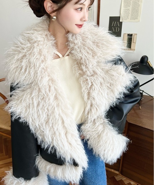 moment+（モーメントプラス）の「フェイクレザー×シープファームートン風裏地キルトライダースジャケットブルゾン（ライダースジャケット・レディース・ブラウン/ブラック・L/M）」の4枚目の写真