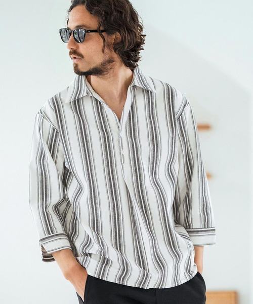 Magine（マージン）の「ms6045-Striped Fabric Skipper & pullover design 3-4 Sleeve shirt 7分袖シャツ（シャツ/ブラウス・メンズ・ブラック/ホワイト・44/46/48）」の2枚目の写真