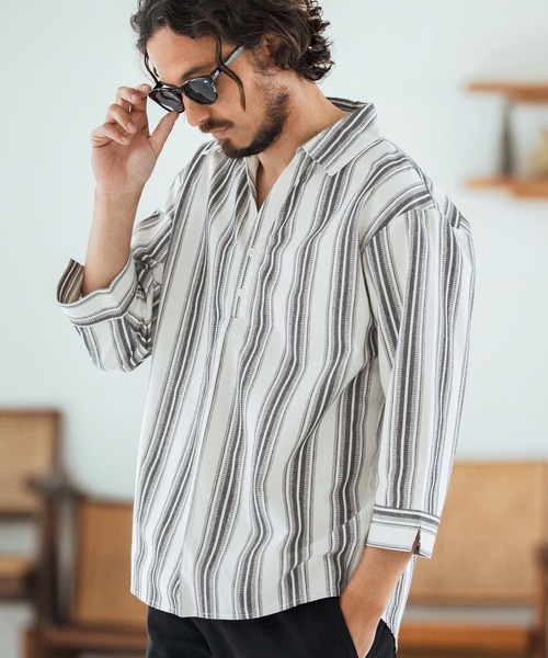 Magine（マージン）の「ms6045-Striped Fabric Skipper & pullover design 3-4 Sleeve shirt 7分袖シャツ（シャツ/ブラウス・メンズ・ブラック/ホワイト・44/46/48）」の22枚目の写真