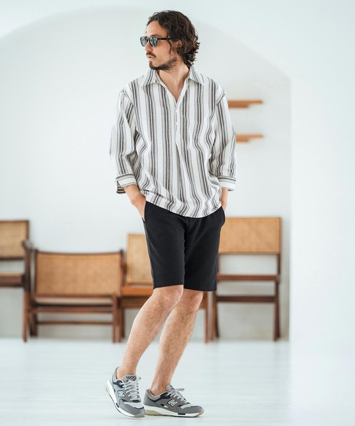 Magine（マージン）の「ms6045-Striped Fabric Skipper & pullover design 3-4 Sleeve shirt 7分袖シャツ（シャツ/ブラウス・メンズ・ブラック/ホワイト・44/46/48）」の21枚目の写真