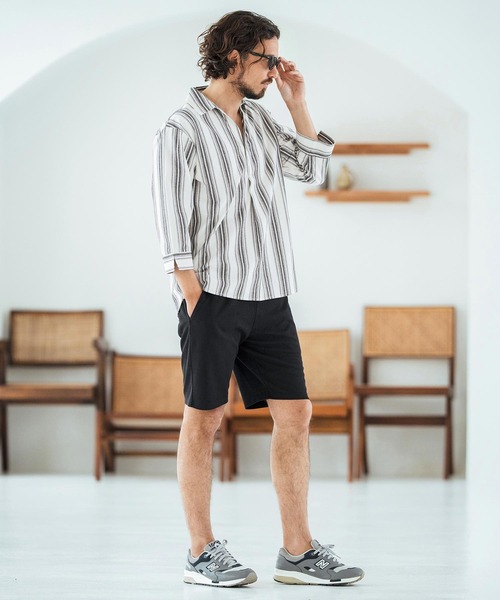 Magine（マージン）の「ms6045-Striped Fabric Skipper & pullover design 3-4 Sleeve shirt 7分袖シャツ（シャツ/ブラウス・メンズ・ブラック/ホワイト・44/46/48）」の20枚目の写真