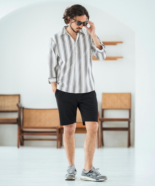 Magine（マージン）の「ms6045-Striped Fabric Skipper & pullover design 3-4 Sleeve shirt 7分袖シャツ（シャツ/ブラウス・メンズ・ブラック/ホワイト・44/46/48）」の19枚目の写真