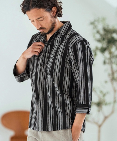 Magine（マージン）の「ms6045-Striped Fabric Skipper & pullover design 3-4 Sleeve shirt 7分袖シャツ（シャツ/ブラウス・メンズ・ブラック/ホワイト・44/46/48）」の17枚目の写真