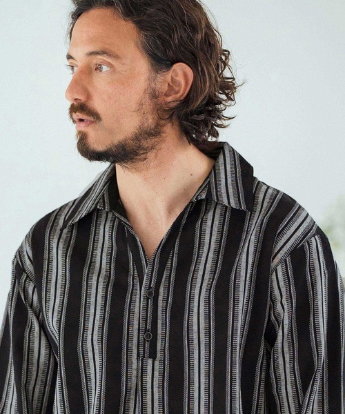 Magine（マージン）の「ms6045-Striped Fabric Skipper & pullover design 3-4 Sleeve shirt 7分袖シャツ（シャツ/ブラウス・メンズ・ブラック/ホワイト・44/46/48）」の16枚目の写真