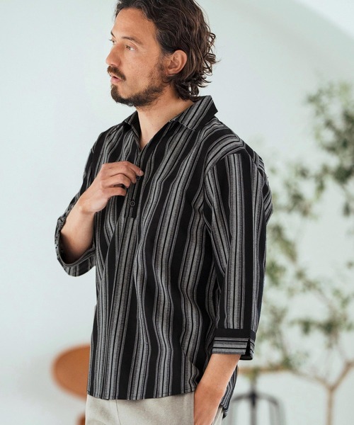 Magine（マージン）の「ms6045-Striped Fabric Skipper & pullover design 3-4 Sleeve shirt 7分袖シャツ（シャツ/ブラウス・メンズ・ブラック/ホワイト・44/46/48）」の15枚目の写真