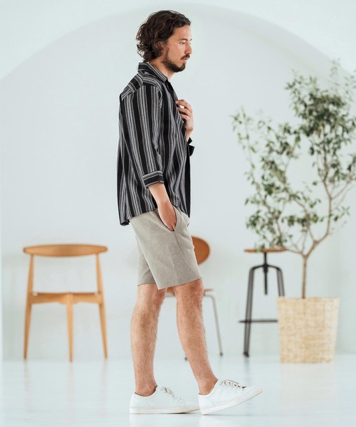 Magine（マージン）の「ms6045-Striped Fabric Skipper & pullover design 3-4 Sleeve shirt 7分袖シャツ（シャツ/ブラウス・メンズ・ブラック/ホワイト・44/46/48）」の14枚目の写真