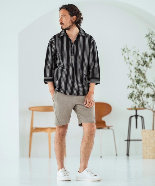 Magine（マージン）の「ms6045-Striped Fabric Skipper & pullover design 3-4 Sleeve shirt 7分袖シャツ（シャツ/ブラウス・メンズ・ブラック/ホワイト・44/46/48）」の13枚目の写真