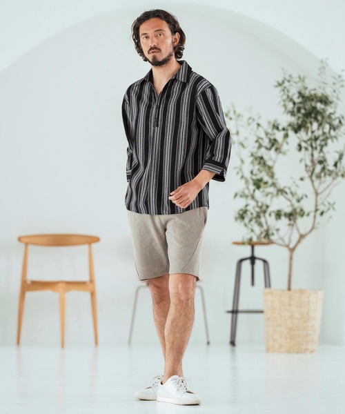 Magine（マージン）の「ms6045-Striped Fabric Skipper & pullover design 3-4 Sleeve shirt 7分袖シャツ（シャツ/ブラウス・メンズ・ブラック/ホワイト・44/46/48）」の12枚目の写真
