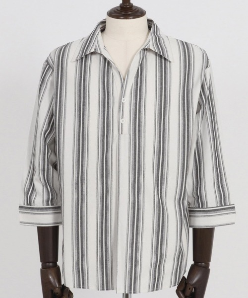 Magine（マージン）の「ms6045-Striped Fabric Skipper & pullover design 3-4 Sleeve shirt 7分袖シャツ（シャツ/ブラウス・メンズ・ブラック/ホワイト・44/46/48）」の11枚目の写真
