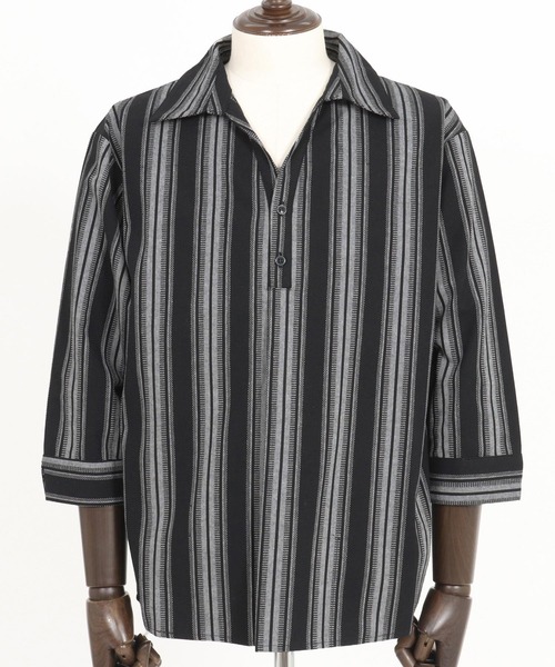 Magine（マージン）の「ms6045-Striped Fabric Skipper & pullover design 3-4 Sleeve shirt 7分袖シャツ（シャツ/ブラウス・メンズ・ブラック/ホワイト・44/46/48）」の9枚目の写真