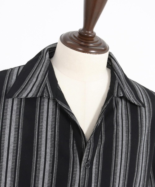 Magine（マージン）の「ms6045-Striped Fabric Skipper & pullover design 3-4 Sleeve shirt 7分袖シャツ（シャツ/ブラウス・メンズ・ブラック/ホワイト・44/46/48）」の7枚目の写真