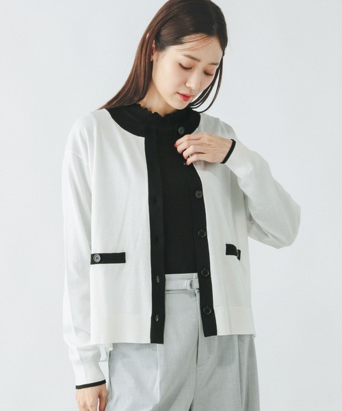 GLOBAL WORK（グローバルワーク）の「スッキレイさらさらクルーカーディガン長袖/288077（カーディガン/ボレロ・レディース・レッド/ブラック×ホワイト/ネイビー×ホワイト/ホワイト×ブラック・LARGE/MEDIUM）」の3枚目の写真