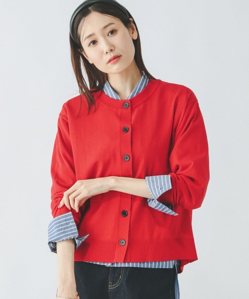 GLOBAL WORK（グローバルワーク）の「スッキレイさらさらクルーカーディガン長袖/288077（カーディガン/ボレロ・レディース・レッド/ブラック×ホワイト/ネイビー×ホワイト/ホワイト×ブラック・LARGE/MEDIUM）」の2枚目の写真