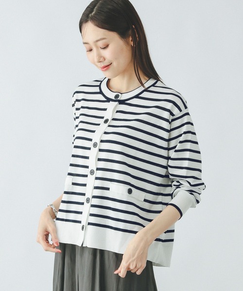 GLOBAL WORK（グローバルワーク）の「スッキレイさらさらクルーカーディガン長袖/288077（カーディガン/ボレロ・レディース・レッド/ブラック×ホワイト/ネイビー×ホワイト/ホワイト×ブラック・LARGE/MEDIUM）」の4枚目の写真