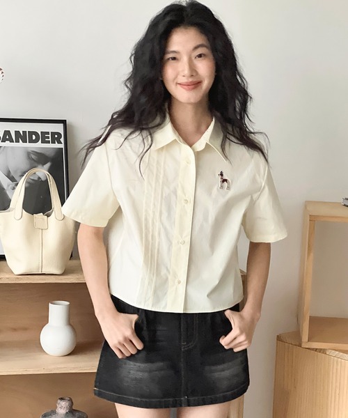 【美品】スローブイエナ　ピンタックブラウス　オックスショートシャツ　クロップド丈 美品】スローブイエナ ピンタックブラウス オックスショート