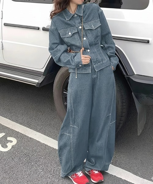 【FAVORITO】シングルブレストポケット付きデニム2点セットアップ セール】《新色追加》【お気に入り数1万人突破!】シングルブレスト