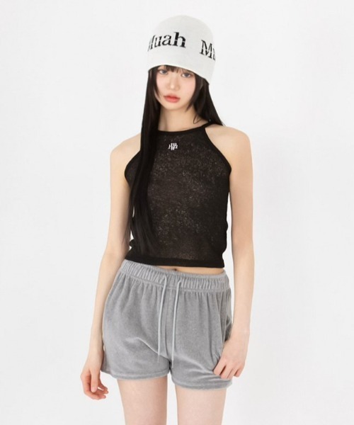 muahmuah(ムーアムーア)の「A'GEM/9 × .kom 『muah muah/ムーアムーア』VELOUR TRAINING SHORTS/ベロアトレーニングショーツ(スウェットパンツ・レディース・ベージュ/ピンク/グレー/ブラック・FREE)」の7枚目の写真