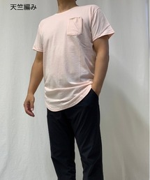 B'day（ビーデイ）の「裾ラウンド ロング丈 半袖 クルーネック ワッフル＆天竺＆ボーダー（Tシャツ/カットソー）」