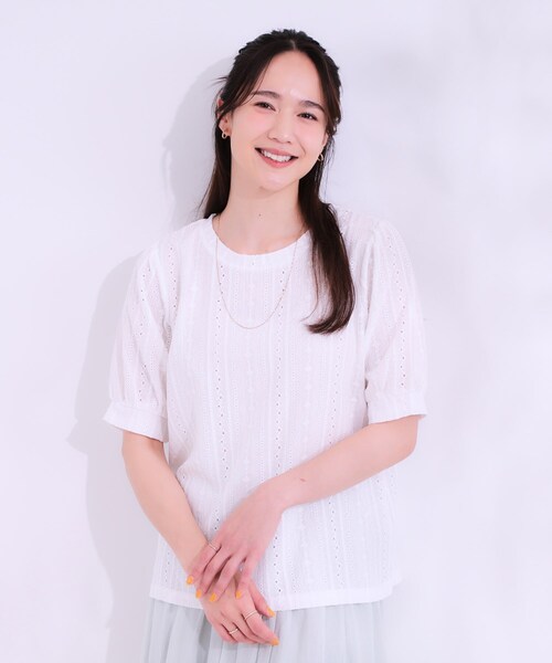 DRESKIP（ドレスキップ）の「【S-LL/二の腕カバー】大人フェミニンな印象に ジャカードレーストップス（Tシャツ/カットソー・レディース・ブラック/イエロー系その他/オフホワイト/ナチュラル/ブルー・01/02/03/04）」の6枚目の写真