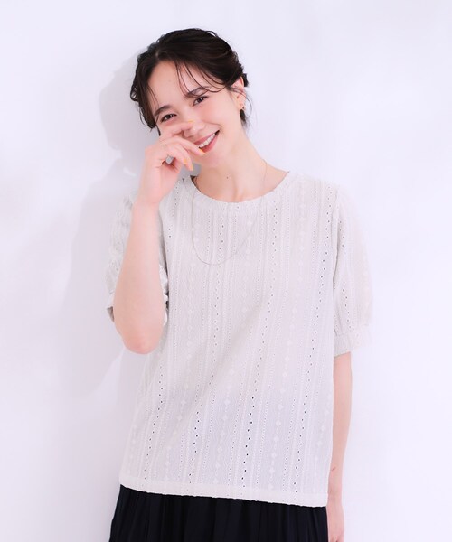 DRESKIP（ドレスキップ）の「【S-LL/二の腕カバー】大人フェミニンな印象に ジャカードレーストップス（Tシャツ/カットソー・レディース・ブラック/イエロー系その他/オフホワイト/ナチュラル/ブルー・01/02/03/04）」の10枚目の写真