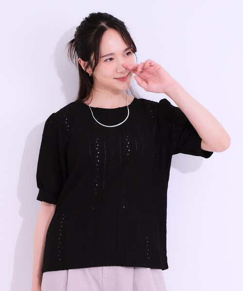 DRESKIP（ドレスキップ）の「【S-LL/二の腕カバー】大人フェミニンな印象に ジャカードレーストップス（Tシャツ/カットソー・レディース・ブラック/イエロー系その他/オフホワイト/ナチュラル/ブルー・01/02/03/04）」の14枚目の写真