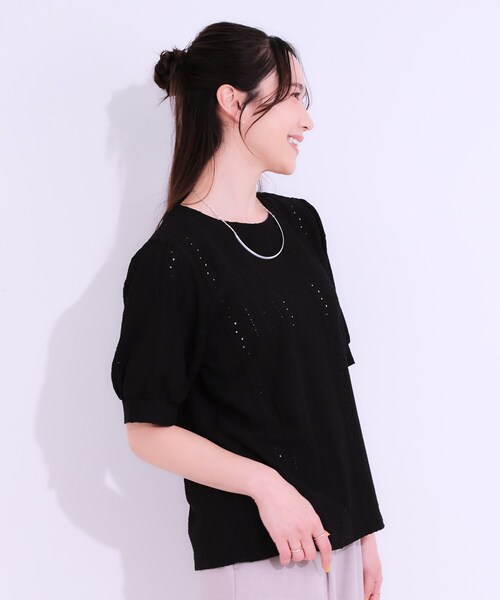 DRESKIP（ドレスキップ）の「【S-LL/二の腕カバー】大人フェミニンな印象に ジャカードレーストップス（Tシャツ/カットソー・レディース・ブラック/イエロー系その他/オフホワイト/ナチュラル/ブルー・01/02/03/04）」の15枚目の写真