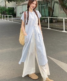 シャツワンピース ノーカラー ロングシャツワンピース」に該当する