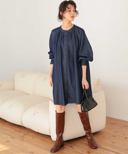 セール】ギャザーボリュームシルエットデニムワンピース