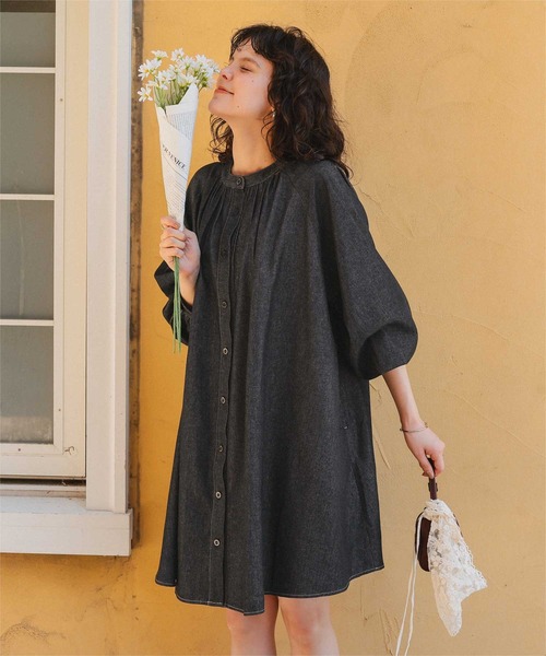 セール】ギャザーボリュームシルエットデニムワンピース