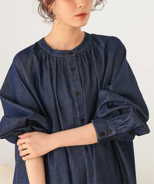 セール】ギャザーボリュームシルエットデニムワンピース