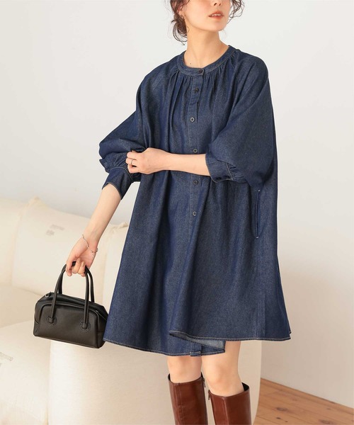 セール】ギャザーボリュームシルエットデニムワンピース