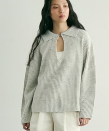 ネップ糸フロントホック衿付きプルオーバー