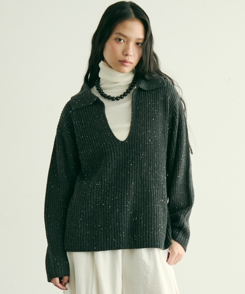 セール】ネップ糸フロントホック衿付きプルオーバー（ニット/セーター