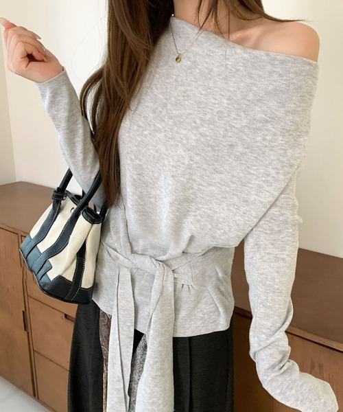 Lace Ladies(レースレディース)の「ウールブレンド サイドギャザー リボンベルト付き 長袖 カットソー(Tシャツ/カットソー・レディース・アイボリー/ブラック/ダークグレー/ライトグレー・FREE)」の1枚目の写真