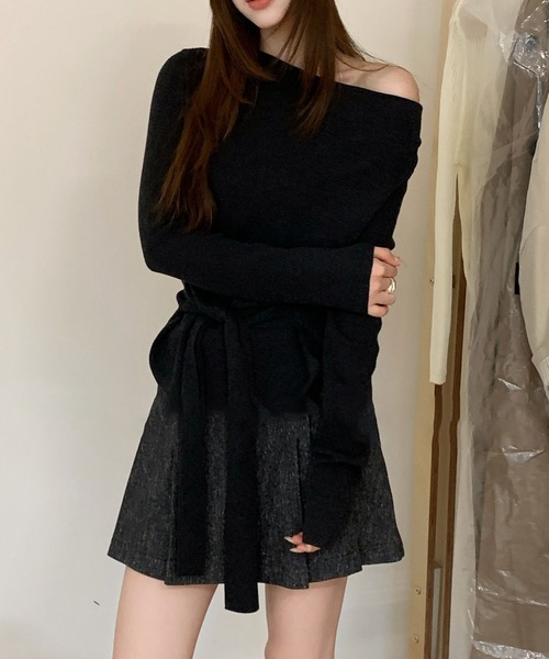 Lace Ladies(レースレディース)の「ウールブレンド サイドギャザー リボンベルト付き 長袖 カットソー(Tシャツ/カットソー・レディース・アイボリー/ブラック/ダークグレー/ライトグレー・FREE)」の3枚目の写真
