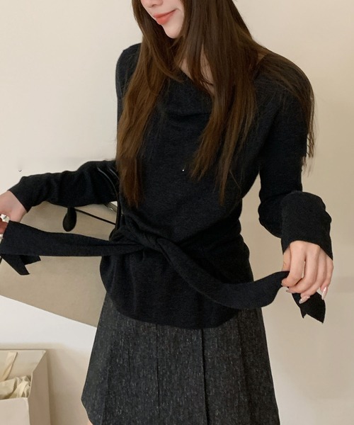 Lace Ladies(レースレディース)の「ウールブレンド サイドギャザー リボンベルト付き 長袖 カットソー(Tシャツ/カットソー・レディース・アイボリー/ブラック/ダークグレー/ライトグレー・FREE)」の6枚目の写真