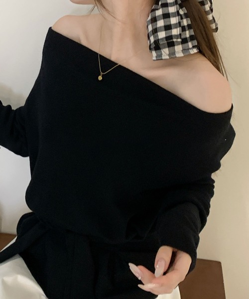 Lace Ladies(レースレディース)の「ウールブレンド サイドギャザー リボンベルト付き 長袖 カットソー(Tシャツ/カットソー・レディース・アイボリー/ブラック/ダークグレー/ライトグレー・FREE)」の8枚目の写真