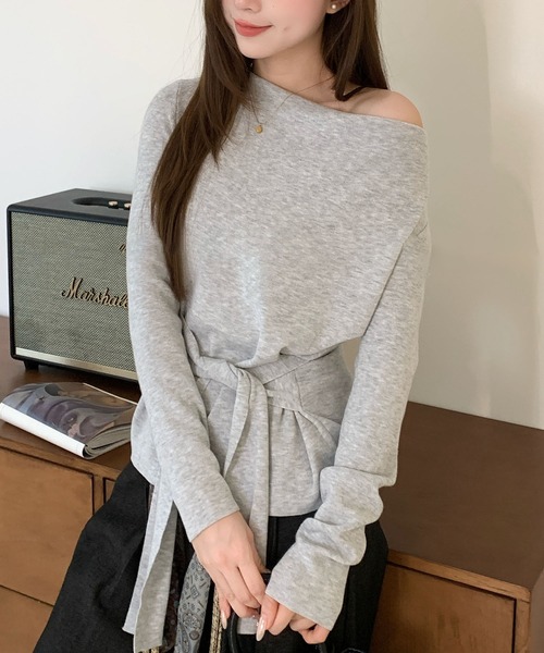 Lace Ladies(レースレディース)の「ウールブレンド サイドギャザー リボンベルト付き 長袖 カットソー(Tシャツ/カットソー・レディース・アイボリー/ブラック/ダークグレー/ライトグレー・FREE)」の11枚目の写真
